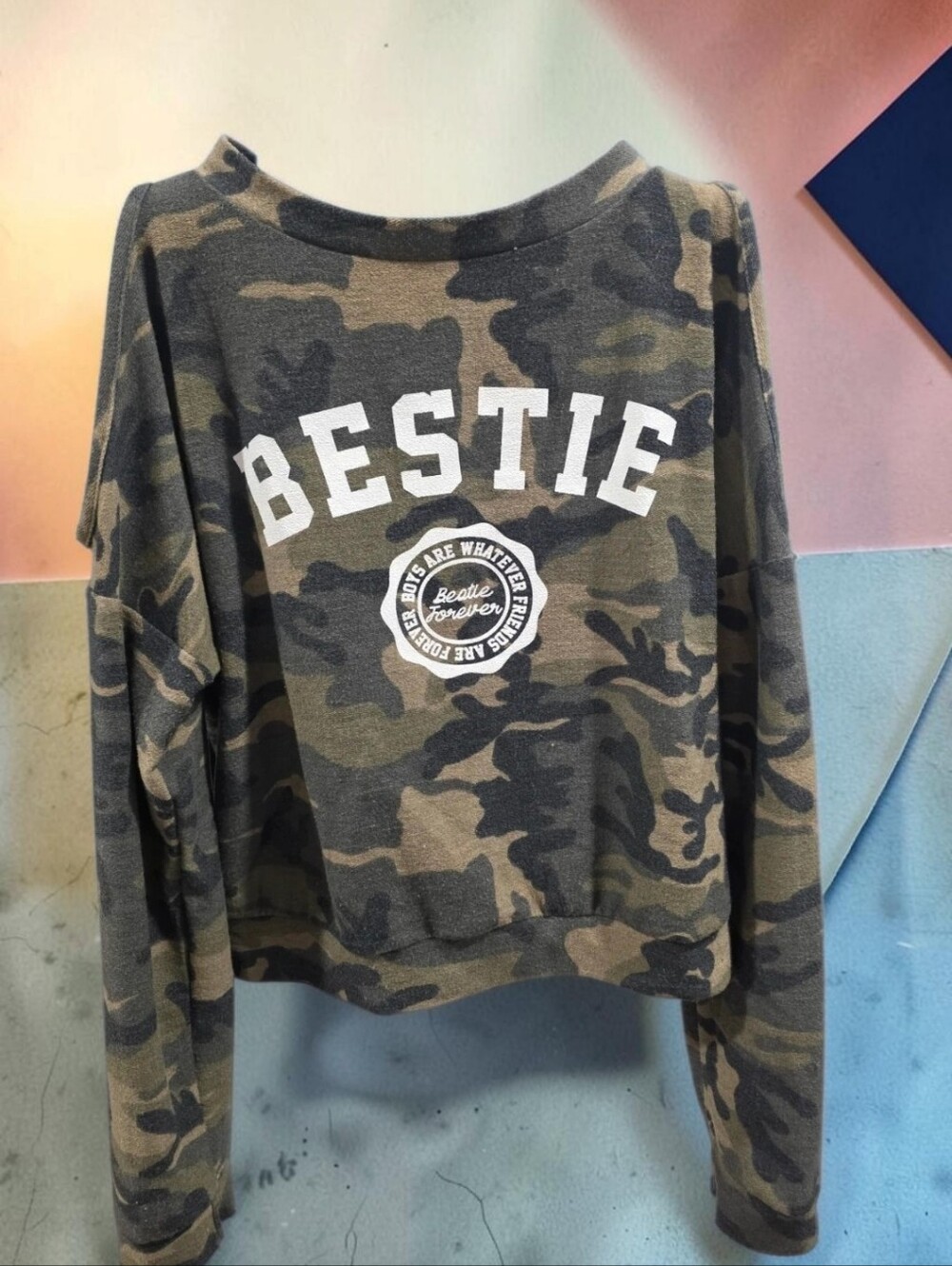 G-Mini Olive and Black Camo "BESTIE" Long-Sleeve Crop Sweatshirt